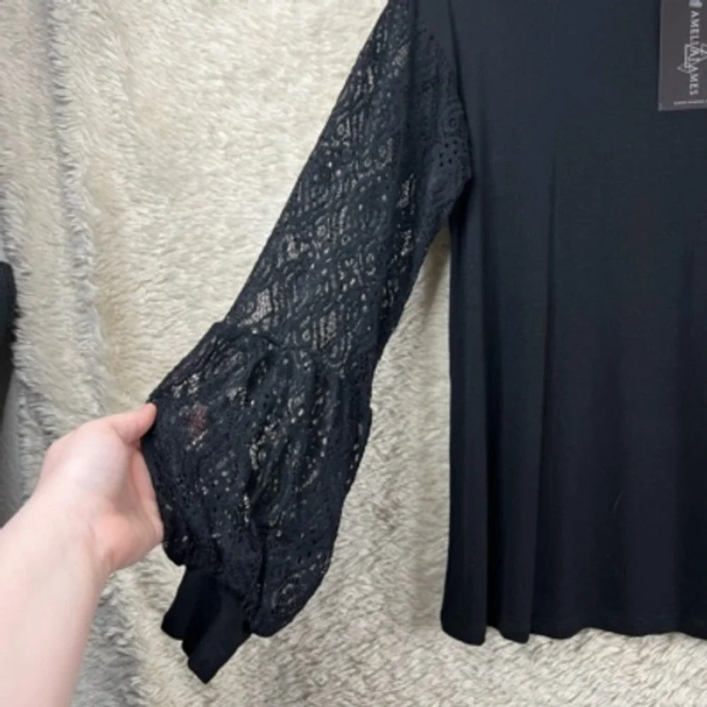 Amelia James Womens Blouse Black Long Sleeve Crew Neck Stretch‎ Lace XS New